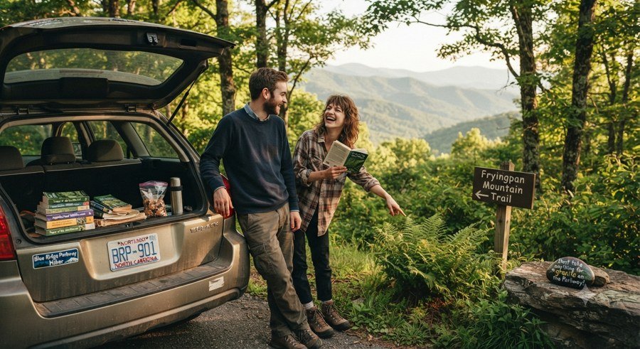 Wren and Elliot laughing beside their car at a Blue Ridge Parkway overlook, 2022