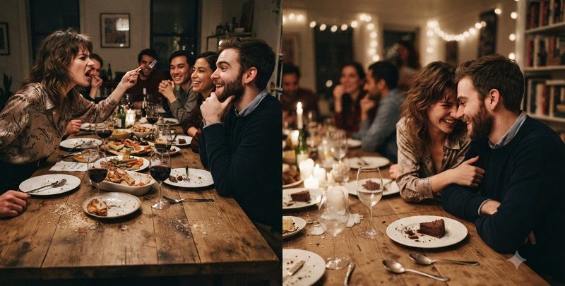 Wren and Elliot at the dinner party where they met, and close together by candlelight later that evening